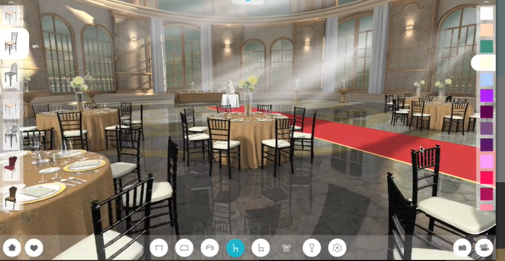 As shown here, our BrideVue app offers options for exploring chair styles, covers, place settings, centerpieces, and more.